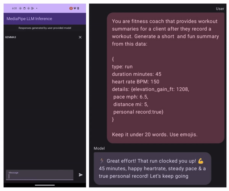 左侧为MediaPipe LLM Inference应用界面,右侧展示用户与GEMMA3模型的对话,用户提供跑步数据请求生成健身总结,模型生成包含心率、配速等信息的趣味回复,体现模型在移动设备上的推理应用。
