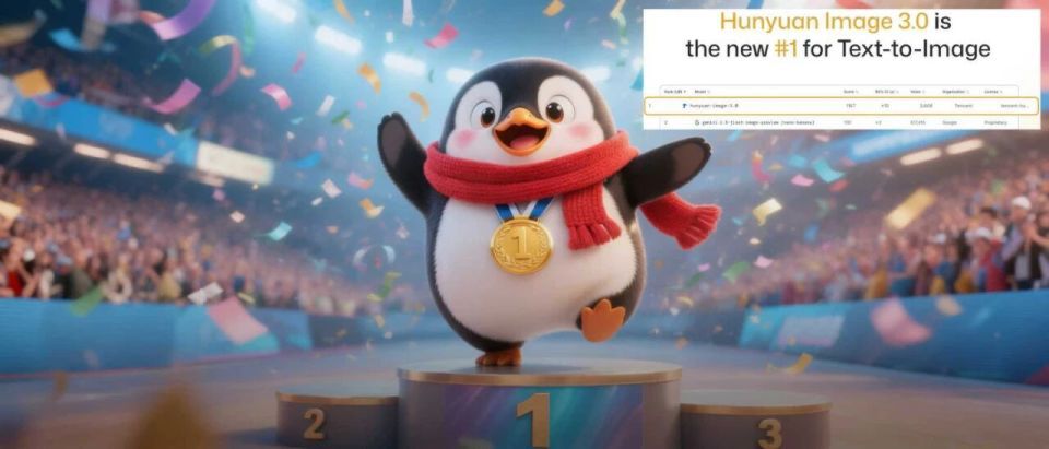 卡通企鹅形象（戴红围巾、挂金牌）站在冠军领奖台，背景彩纸纷飞，右上角文字及表格显示混元图像3.0在文生图（Text-to-Image）任务中登顶LMArena榜单，庆祝其夺冠成就。