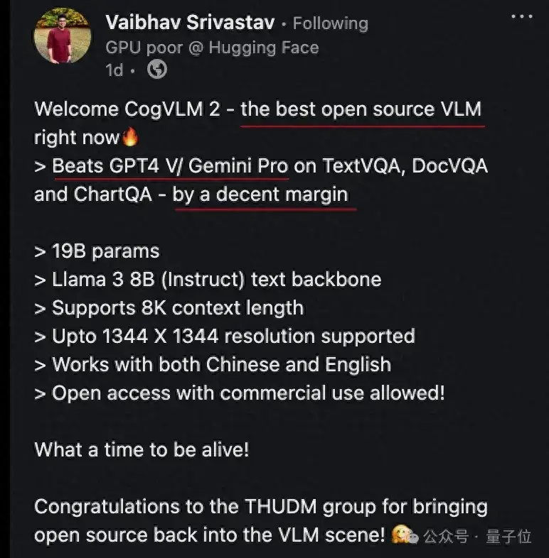 Hugging Face用户推文截图,介绍CogVLM2作为当前最佳开源视觉语言模型(VLM)