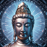 AI生成的科技概念形象,呈现带有科技感蓝色光环与数据流背景的佛像,体现GLM-4.5V-FP8多模态模型对复杂视觉概念的理解能力