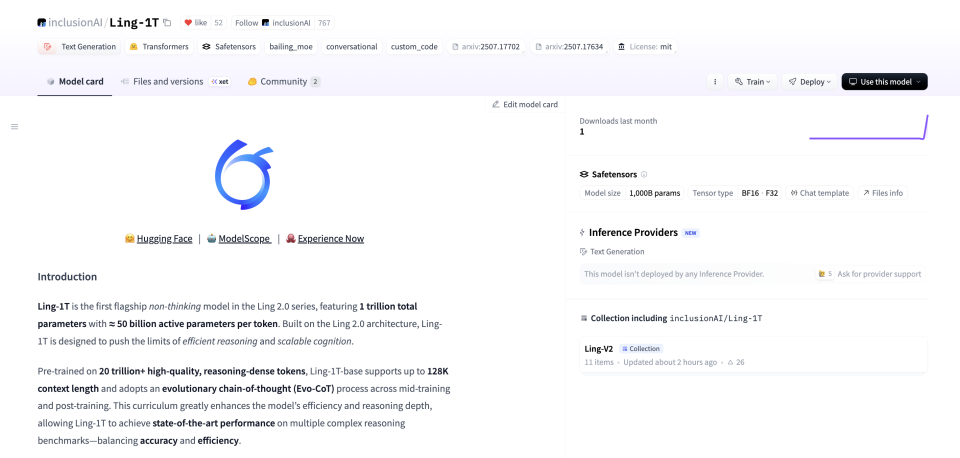 HuggingFace平台上的蚂蚁Ling-1T模型页面，包含模型核心参数（1万亿总参数、约500亿激活参数）、128K上下文长度、基于Ling 2.0架构及20万亿推理密集token预训练等关键信息，以及官方模型介绍和相关支持链接。