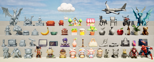 图片展示了Step1X-3D大模型生成的多种3D模型，包含奇幻生物、交通工具、日常家具及卡通角色等，呈现高保真、多样化的3D内容效果。