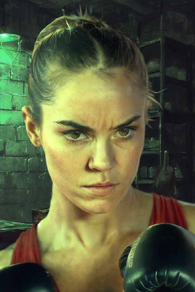 人物照片展示了经Relight LoRA插件处理后的专业柔光效果,人物身着红色背心、戴黑色拳击手套,背景为带有绿色光线的砖墙环境,呈现自然光影过渡与专业影棚级柔光效果