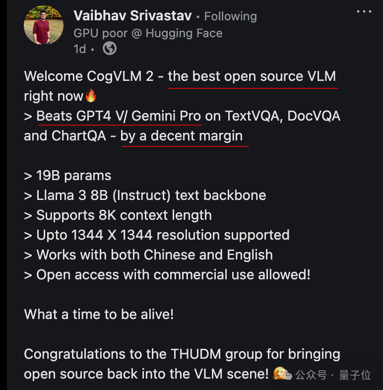 社交媒体推文截图,介绍开源多模态模型CogVLM2,强调其19B参数量、Llama3 8B文本骨干,在基准测试中超越GPT-4V和Gemini Pro,支持8K文本与高分辨率图像,Int4量化版本仅需16GB显存等特性。