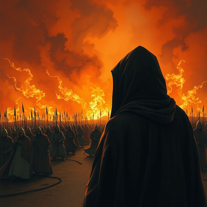 AI生成的图像，展示身披黑色斗篷的人物背影面对燃烧的战场与一队士兵，背景是橙红色火焰与烟雾，营造悲壮史诗氛围。