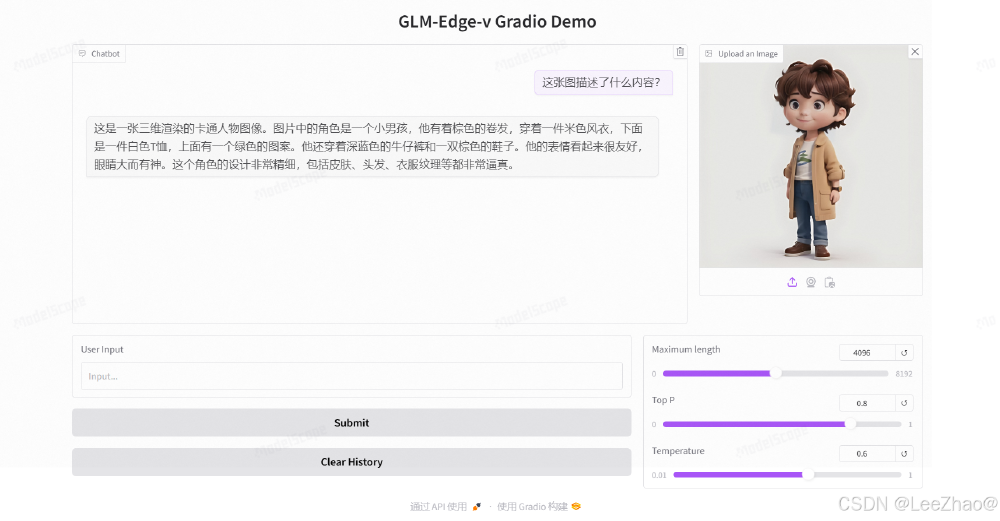 展示了GLM-Edge-v Gradio演示界面,用户上传卡通男孩图像后,模型生成详细图像描述,界面含聊天窗口、图像上传区及参数设置(如最大长度、Top P、Temperature),体现多模态图像理解模型推理能力